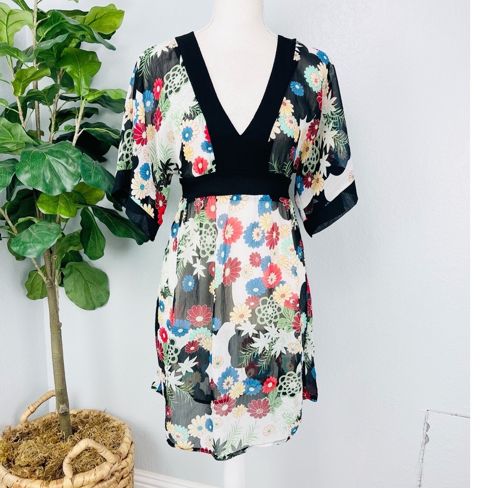 Y2K Vinatge Forever 21 Floral BabyDoll Mid Bell Sleeve Sheer Mini Dress Tunic